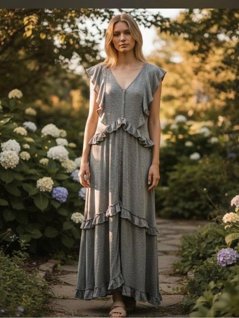 Free People FP Beach Amelia Tiered Ruffle Maxi Dress Boho Gray Size M NWT